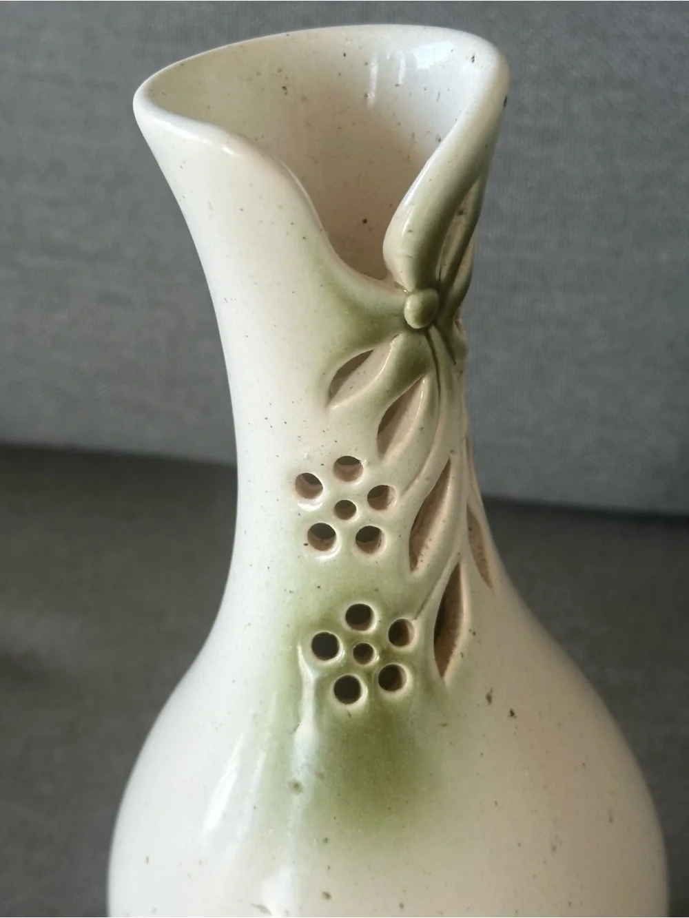 Czech Pottery Floral Cutout Cream Green Ceramic Bud Vase Farmhouse Decor